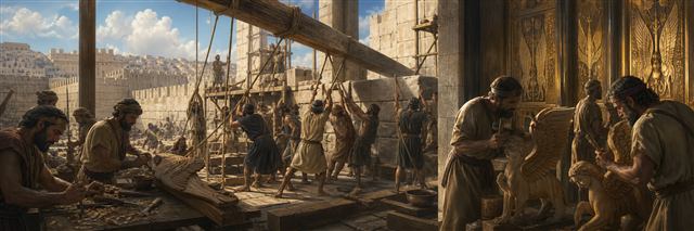 Craftsmen building the temple with dressed stone, cedar, and carved doors